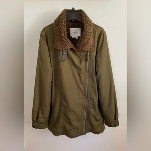Anthropologie Olive Green Sherpa-Lined longline Moto Parka Jacket -Medium